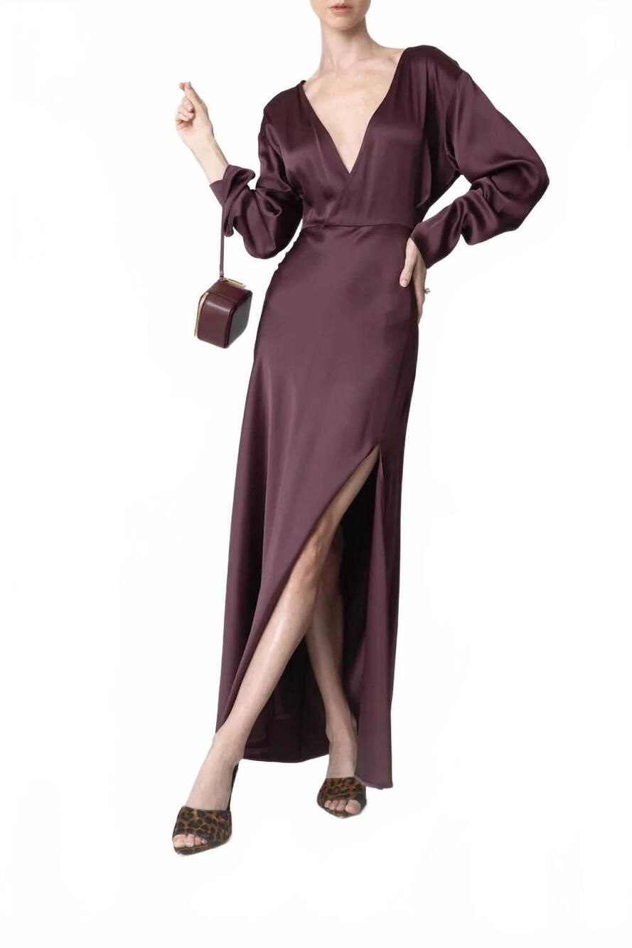 NEW LAPOINTE satin v-neck long dress in mulberry